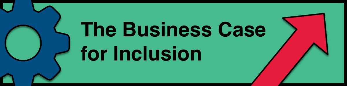 The Business Case for Inclusion, with a gear and an upward arrow